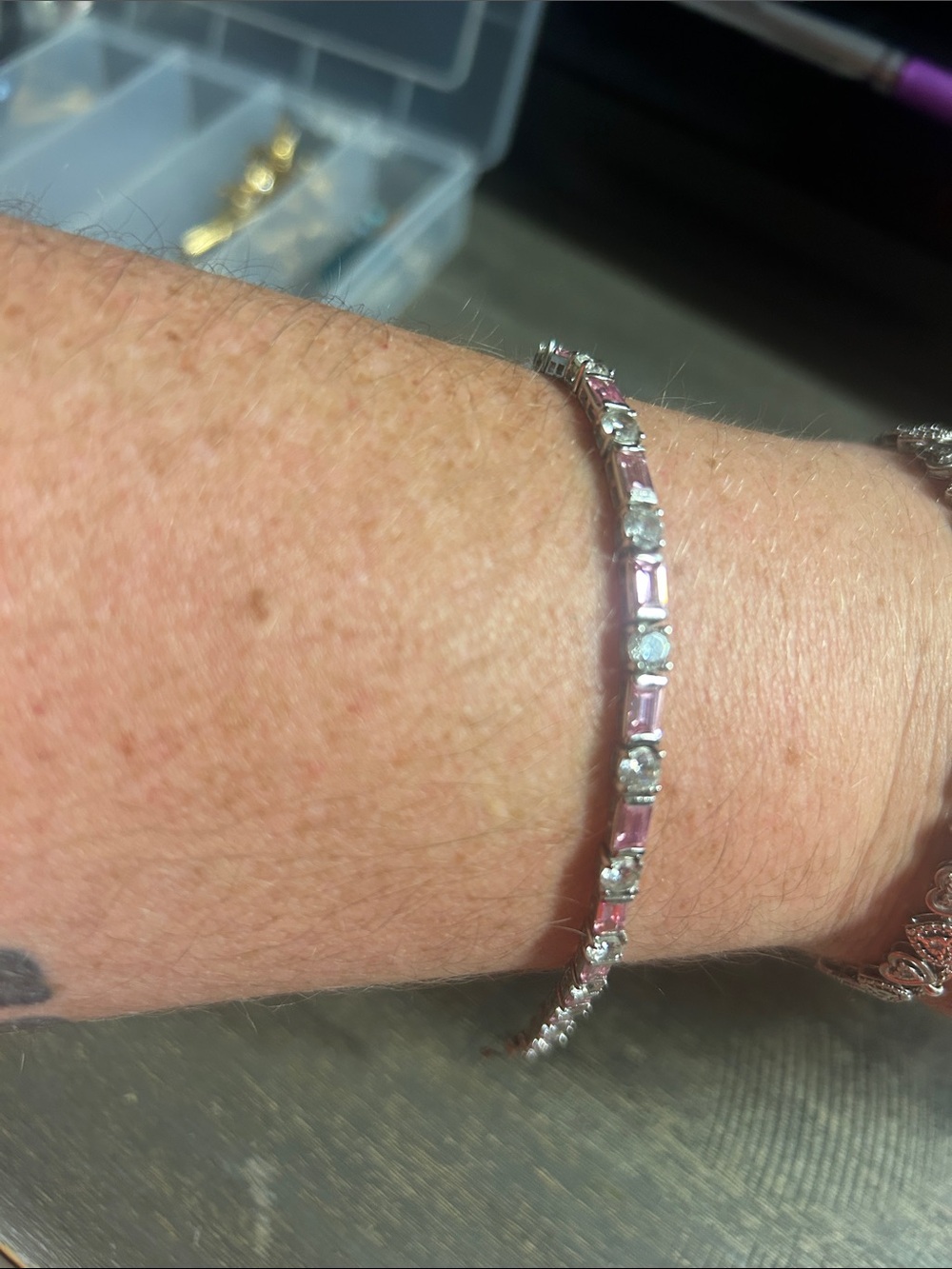 VTG FAS 925 Sterling Silver Tennis with Pink Baguette  and Round Clear Stones